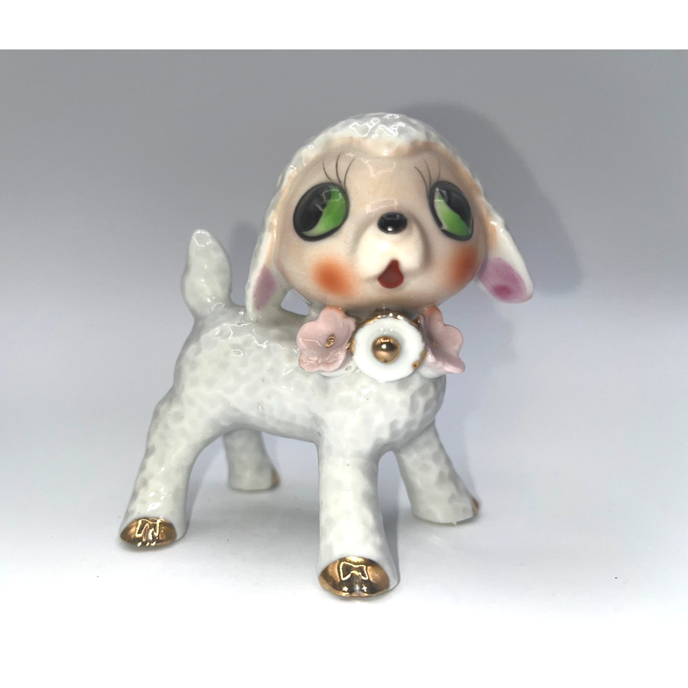 Vintage Ceramic Lamb Pink Flowers Big Green Eyes JAPAN Super Sweet little girl